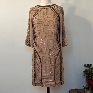 Spotlight by Warehouse Geometric Sequin Beaded 3/4 Sleeve Midi Dress Tan